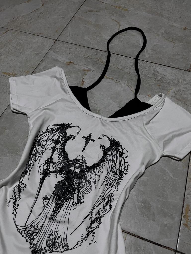 Summer Street Style Dark Print Fake Two-Piece Halter Pullover T-shirt for Women
