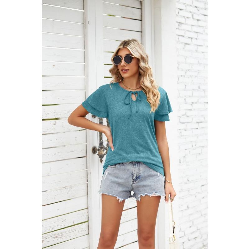 YYFS Damenmode, lässig, Sommer, Frühling, einfarbig, bedruckt, kurzärmelig, V-Ausschnitt, Blusen und Hemden