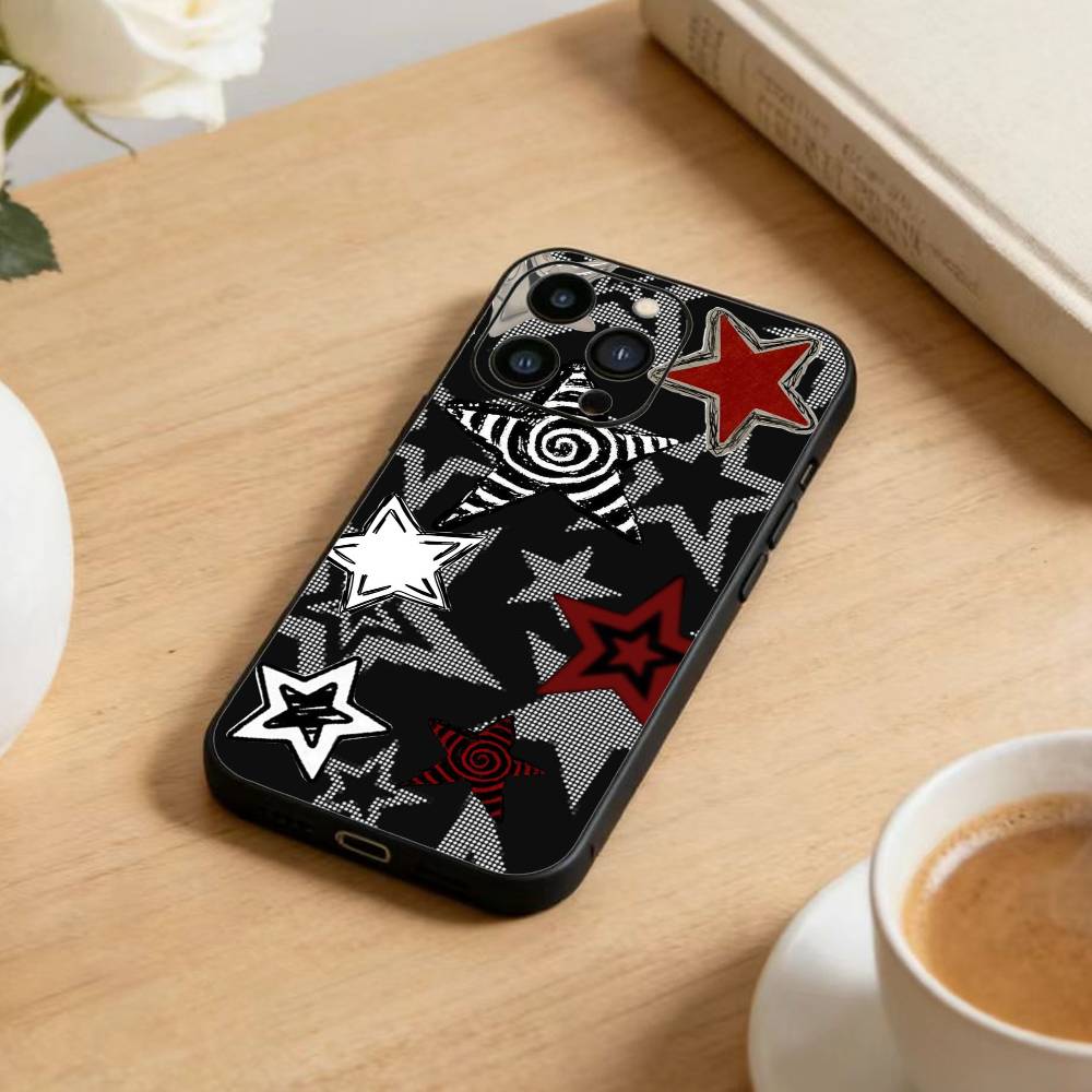 Y2K Cute Strawberry Stars Phone Case For iPhone17,16,15,14,13,12 Plus,Max Soft Silicone Black Cover