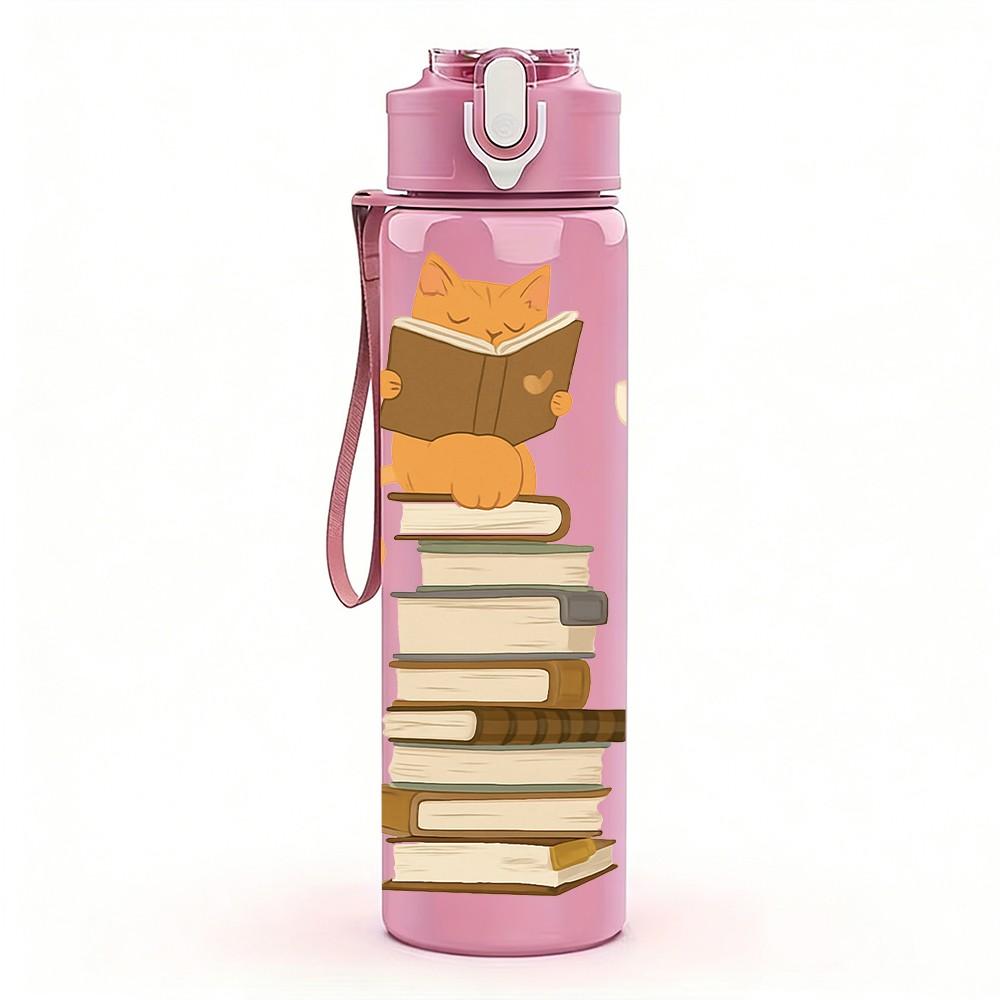 1PC Cat Stack On Top Of Books Print 750ml Color Plastic Sports Water Bottle Leakproof Flip Straw Lid Suitable for Sports Office Home Use