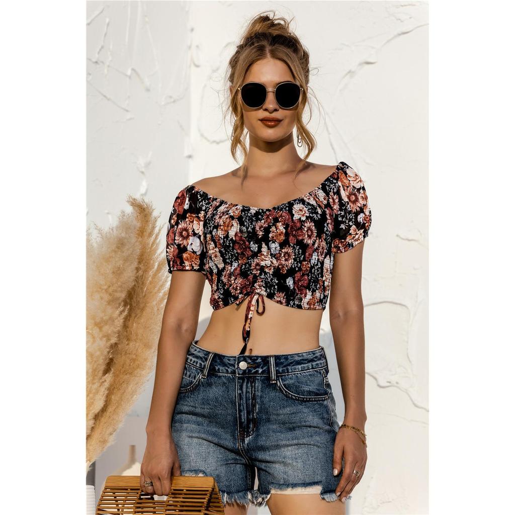 Summer Women Sexy Floral Print Crop Top Slim Backless Short Sleeve T-shirt