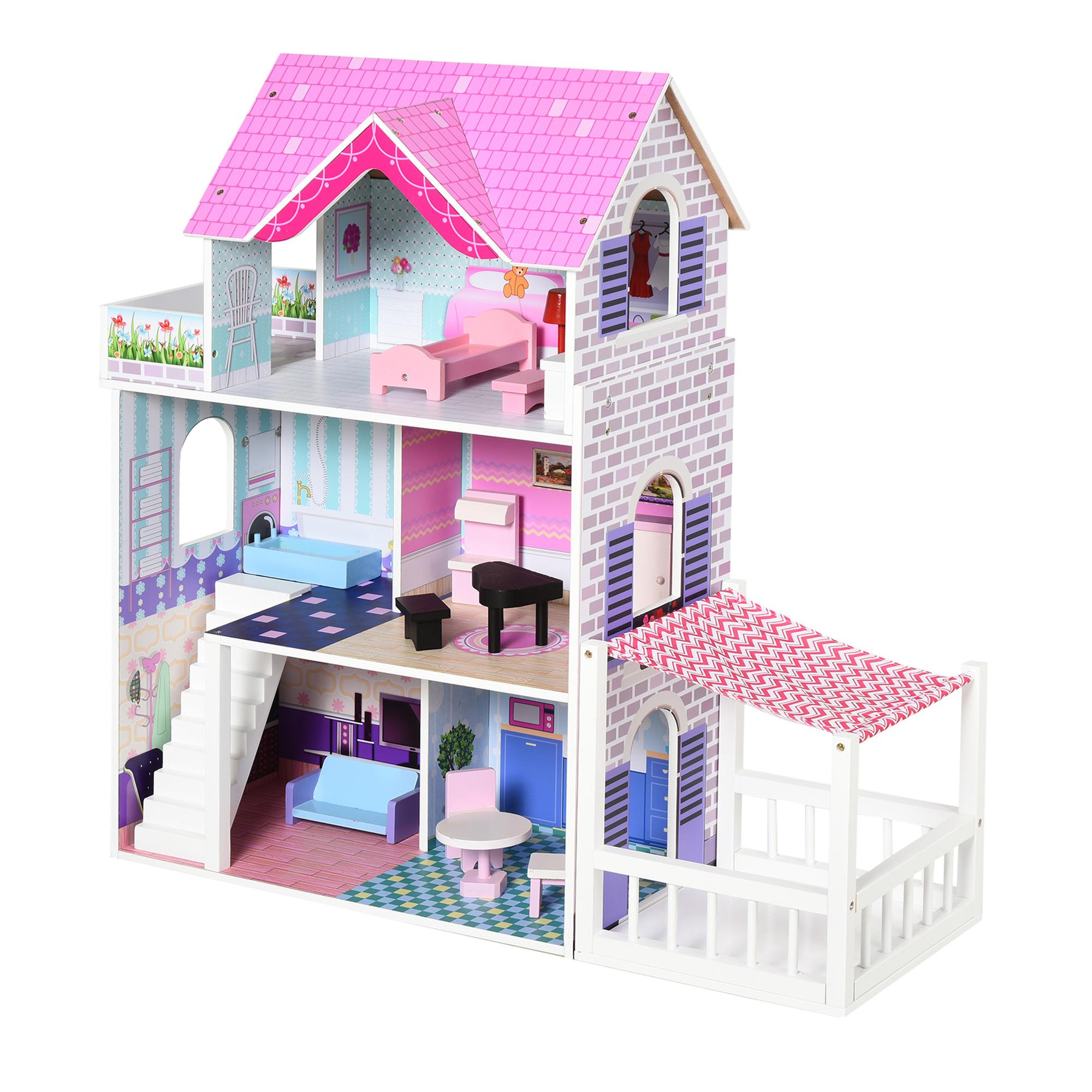 Wooden Dollhouse of 3 Floors with
