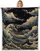 GUOYU Blanket Japanese Style Fleece Blanket Mount Fuji Warm Plush Sherpa Blanket Ocean Great Waves Art Fuzzy Plush Throw Black Golden Glitter