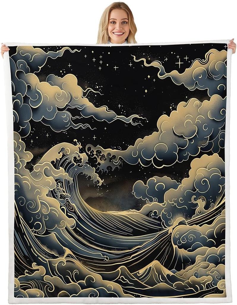 GUOYU Blanket Japanese Style Fleece Blanket Mount Fuji Warm Plush Sherpa Blanket Ocean Great Waves Art Fuzzy Plush Throw Black Golden Glitter