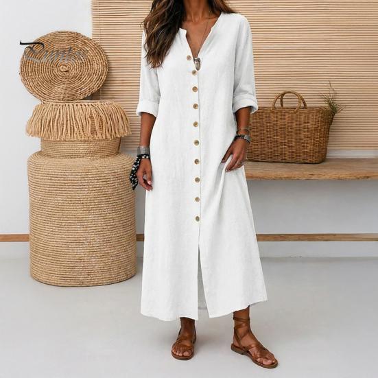 Middellange Jurk Dames Zomer Knopen Lange Jurk, Casual Losse V-hals Tuniek Op te rollen Mouw Vakantie Lounge Outfits Feest