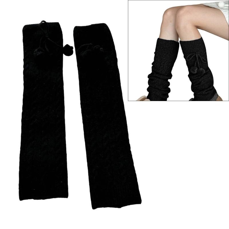 Fashionable Plush Balls Bows Adorned Leg Warmers for Women's Cable Knitted Stretchy Leg Covers Sleeves Calf Socks