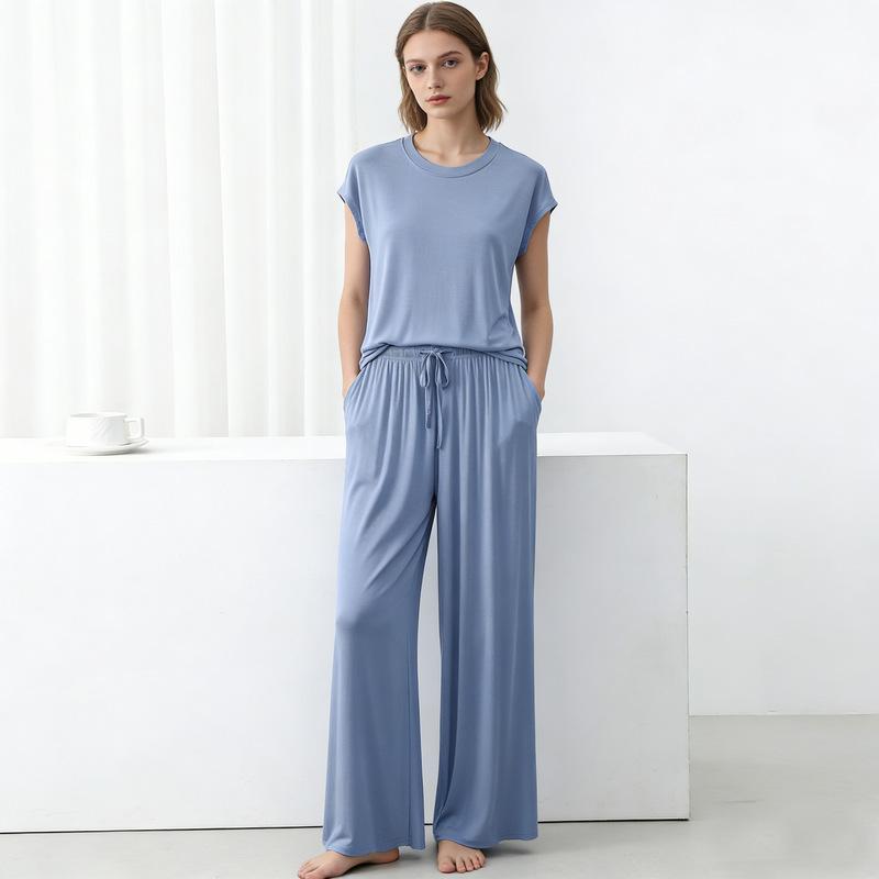 Modal Loose Homewear Set O-neck Tshirts Short Sleeves and Wide Leg Pants Casual Streetwear Suit All Match