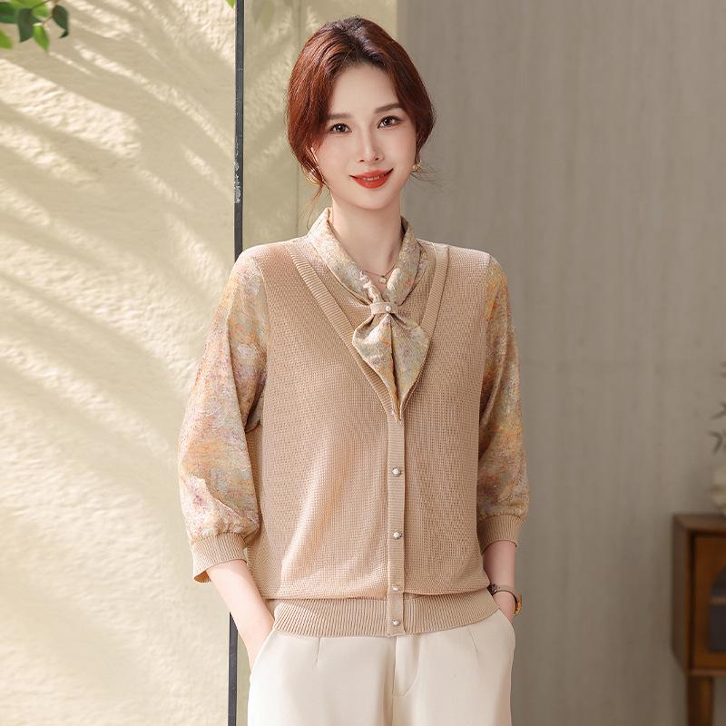 

Elegant Spring Collection: Three-Quarter Sleeve Knit Cardigan with Gauze Sleeves for Mature Women 4XL (for 140-160 jin)