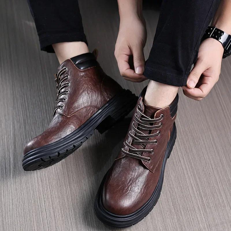 2025 New Men Boots British Style Genuine Leather Mens Casual Boots Wear-resistant Male Platform Shoes Hot Sell Botas Para Hombre