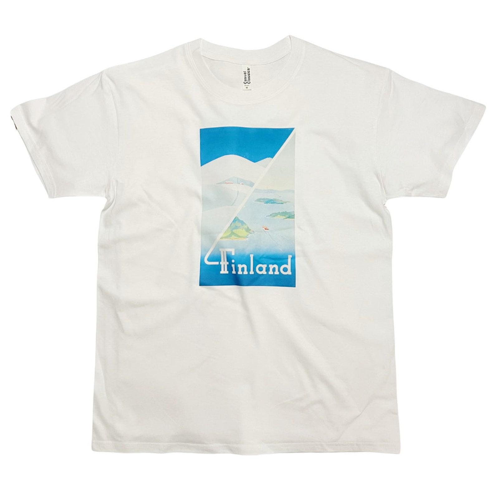 Finland Travel Poster T-Shirt Fjord Mountains Vintage Art Poster Print Top M