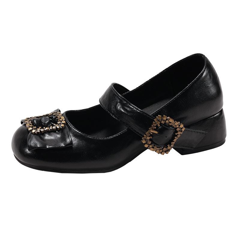 Black French Round Head Thick Heel Light Mouth Single Shoes Women's 2025 New Autumn Versatile Height Increase Soft Sole Mary Jane Shoes