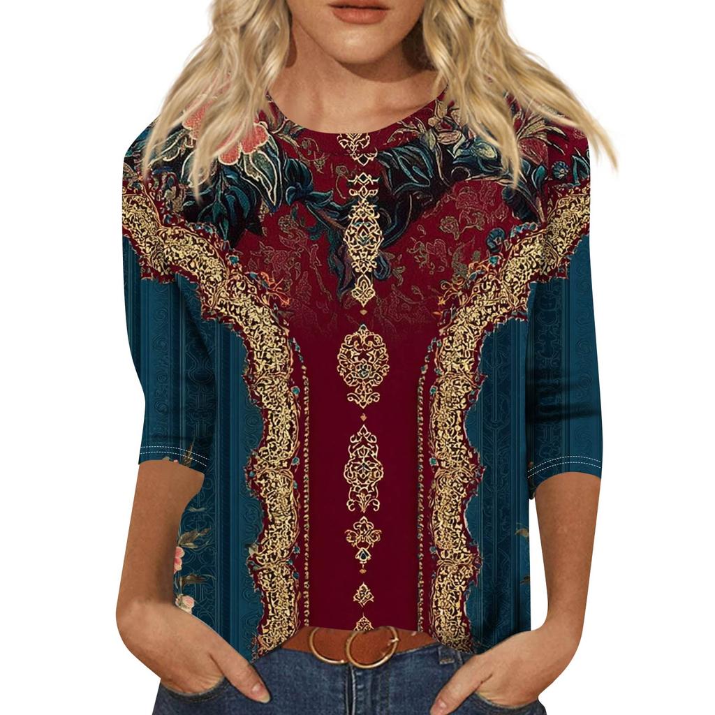 Trendy Vintage 3/4 Sleeve Top For Women,Ladies Casual Three Quarter Sleeve Round Collar Printed T-Shirt Blouse