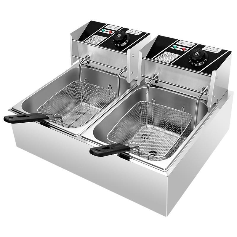 Dual Tank Stainless Steel Electric Deep Fryer - Constant Temp Fryer for Skewers, French Fries, Street Food.