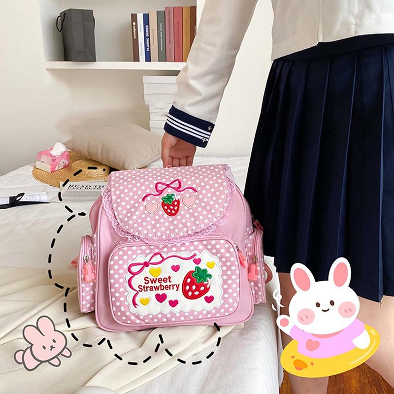 Pink Girl Embroidery Strawberry Children'S Schoolbag Student Birthday Gift Cartoon Backpack Book Bags Christmas  Year Gift
