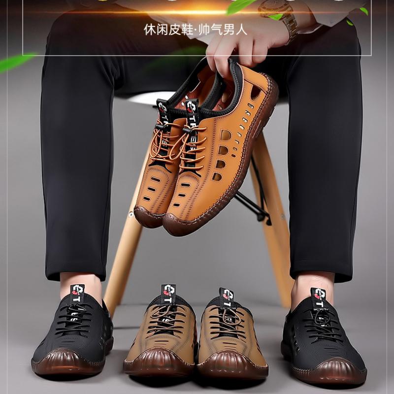 Men's Soft Leather 2025 Summer Men Leather Sandals Breathable Non-slip Cow Tendon Sole Casual Leather Shoes Outdoor Beach Shoes