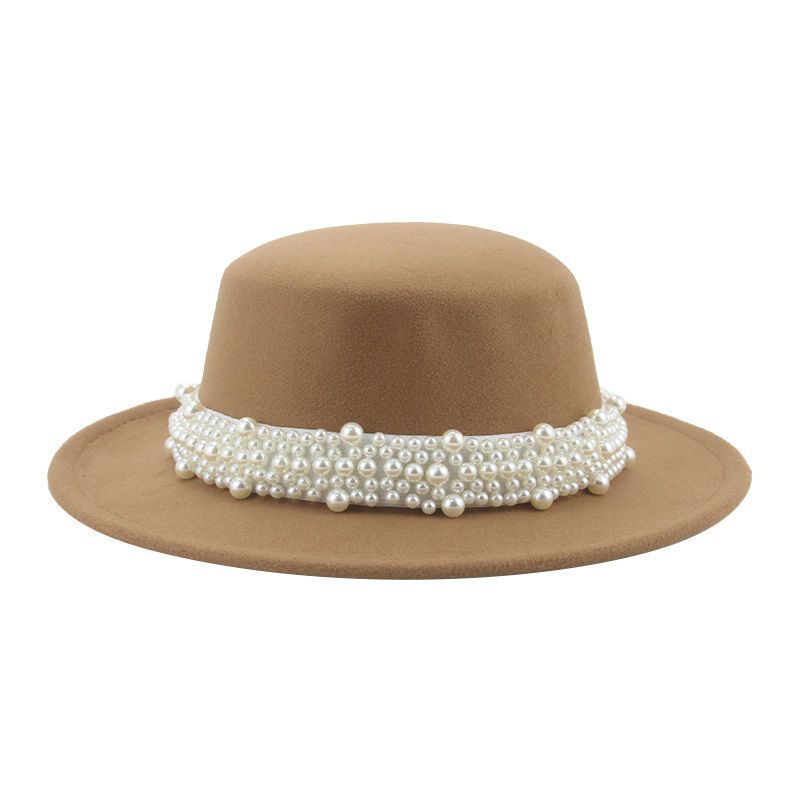 Top Hat Short Brim Hepburn Style British Style Small Round Tibetan High-end Jazz Hat Versatile Flat Top Felt Hat Pearl Premium New