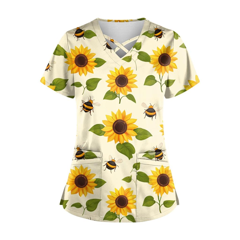 Women's Short Sleeve Stagger V Neck  Print Pocket Dry-nurse Top