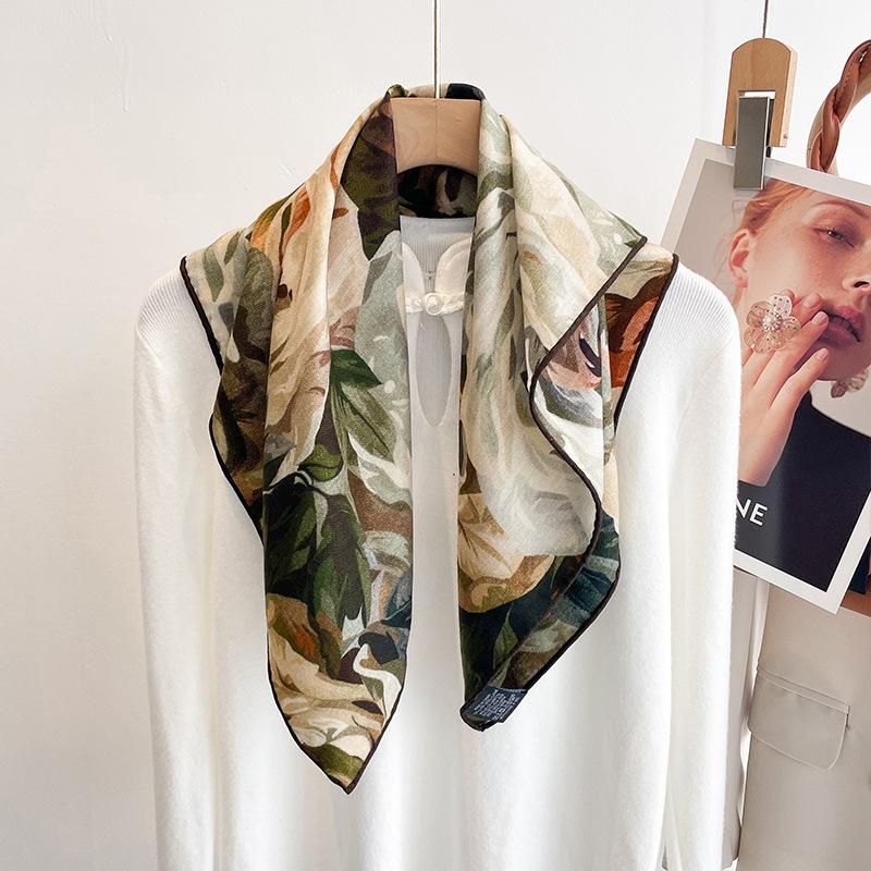Fashion rose double-sided printed silk wool silk scarf women s 2025 new versatile spring silk wool square scarf 65cm