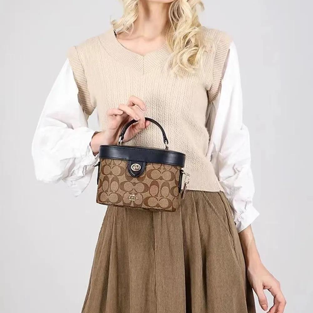 Coach Kay 20 Classic Full-Print Logo Box Bag Single Shoulder Crossbody Bag PVC with Leather Handbag Small Female Black and Brown Patchwork Pattern