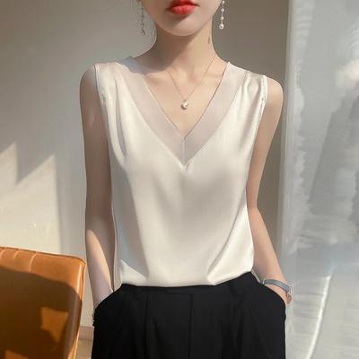 Women's White Satin Tank Top V-Neck Mesh Trim Sleeveless Casual Slim Fit Camisole