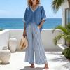 Summer Two Piece Outfit for Women Striped Short Sleeve V Neck Top And Wide Leg Pants Set with Pockets Casual Vacation Lounge Sets