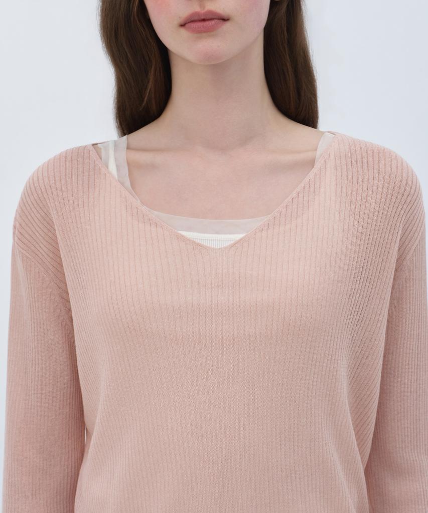 MUSINSA STANDARD WOMAN Women'S Linen Blend Ribbed V-Neck Sheer Knit [Indian Pink]