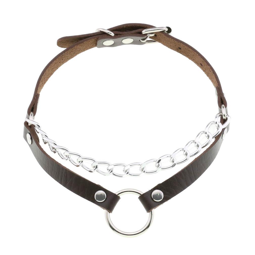 Double Line O-ring Chain Choker, Minimal Punk PU Leather Circular Ring Necklace