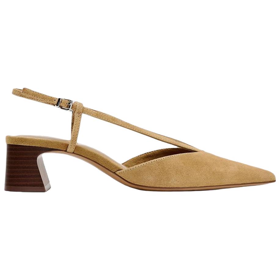 Zara Sheepskin Leather Elegant Pointed Toe Buckle Suede Belt Decor Chunky Heel Open Back High Heels Women High Heels Brown 12221510105-38