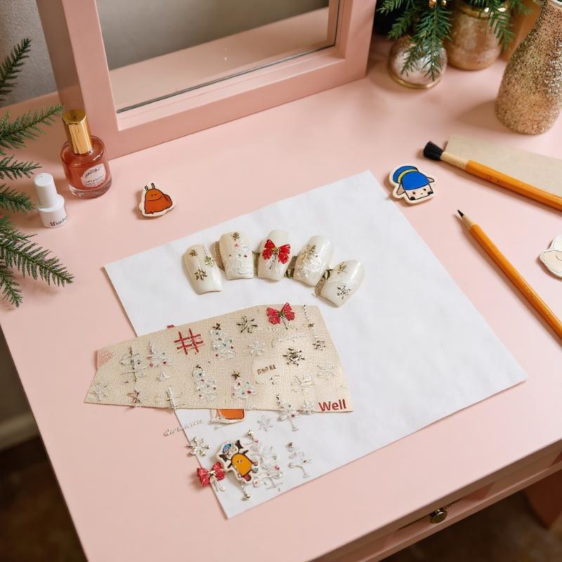 Cute Christmas Style White Christmas Tree Snowflake Nail Art Stickers Red Bow Nail Art Print Embossed Sticker Festive Nail Decor