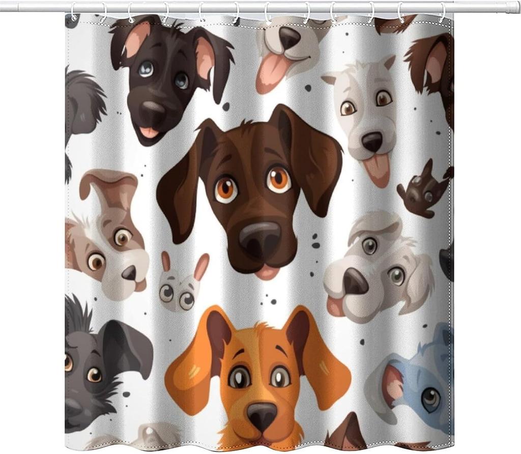 Cute Dog Children's Shower Curtain, Blue Background Children's Dog Theme Decorated Shower Curtain, Pet Lover Bathroom Decoration