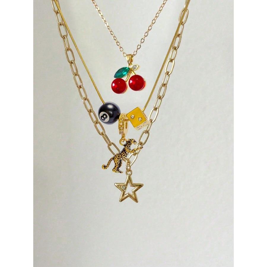 3pcs Leopard Cherry Necklace Set 8-Ball Billiard Dice Charm Necklace Red Cherry Necklace Fashionable Star Necklace Classic Leopard NecklaceGift 3pcs&one-size золотой