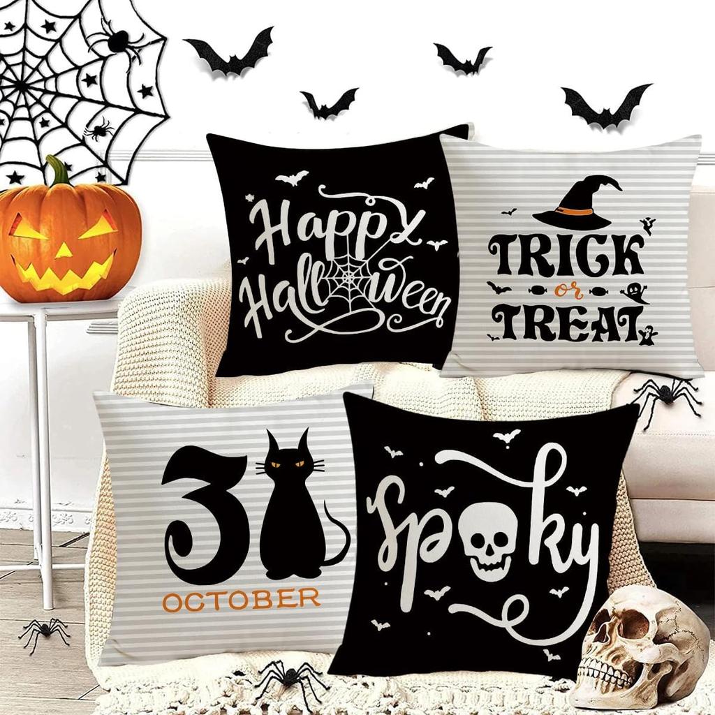 Halloween Throw Pillow Covers Set Of 4 Black Cat Spider Web Skull Decorative Cushion Case Trick Treat Pillowcase For Home Decor