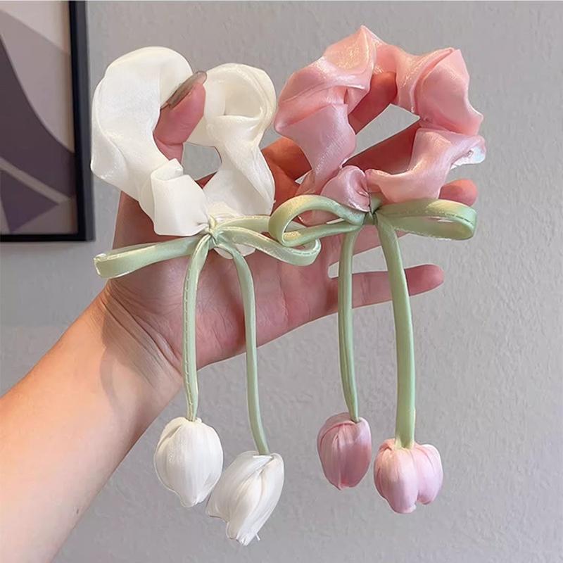 Women Tulip Flower Tassel Hair Ties Cute Temperament Lace Stretchy Hair Rope Ponytail Holders Sweet Hair Accessories