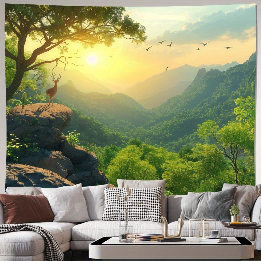 Large Nature Tapestry Wall Hanging Jungle Landscape Art Forest Mountain Scene Decor Living Room Bedroom Deer Print