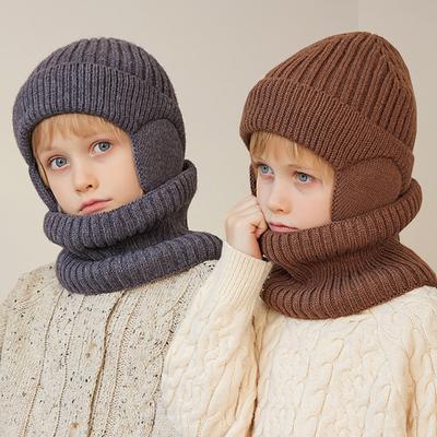 Winter Kids Hat Scarf Plush Lining Children Beanie Hats with Earflaps Warm Ears Protection Thicken Skiing Kids Cap 4-10Y