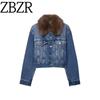 Za Autumn New Women Clothes 2025 Western Style Short Flip Artificial Fur Denim Jacket Outerwear 4083228