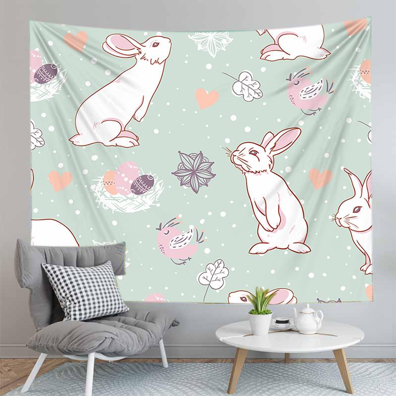 Cute Rabbit Print Tapestry for Girl Boys Dorm Room Decor Easter Rabbit Wall Hanging Kawaii Greetings and Presents for Easter Day