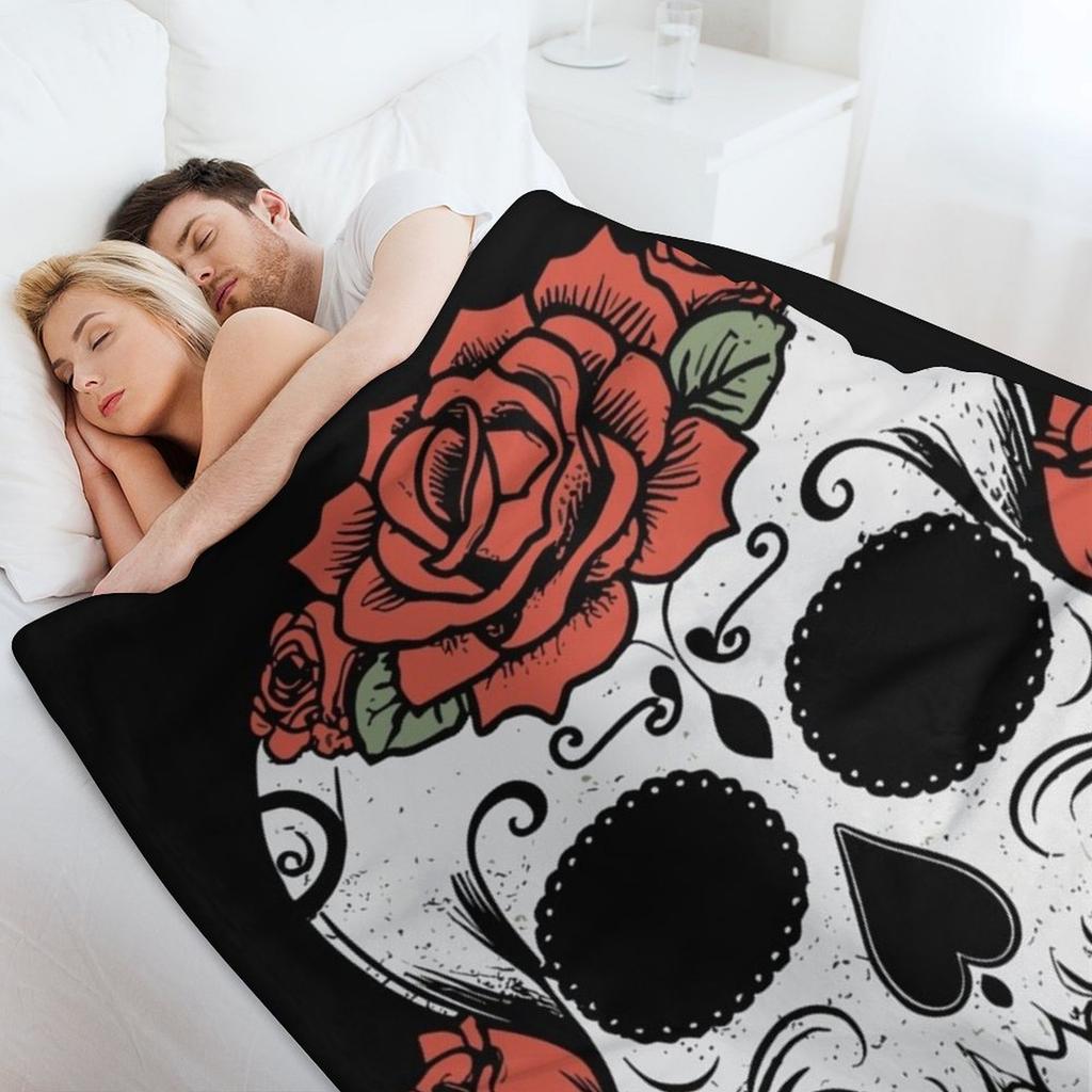 Sugar Skull with Roses Throw Blanket Anime Soft Plush Plaid Sofa Bed Valentine Gift Ideas Blankets