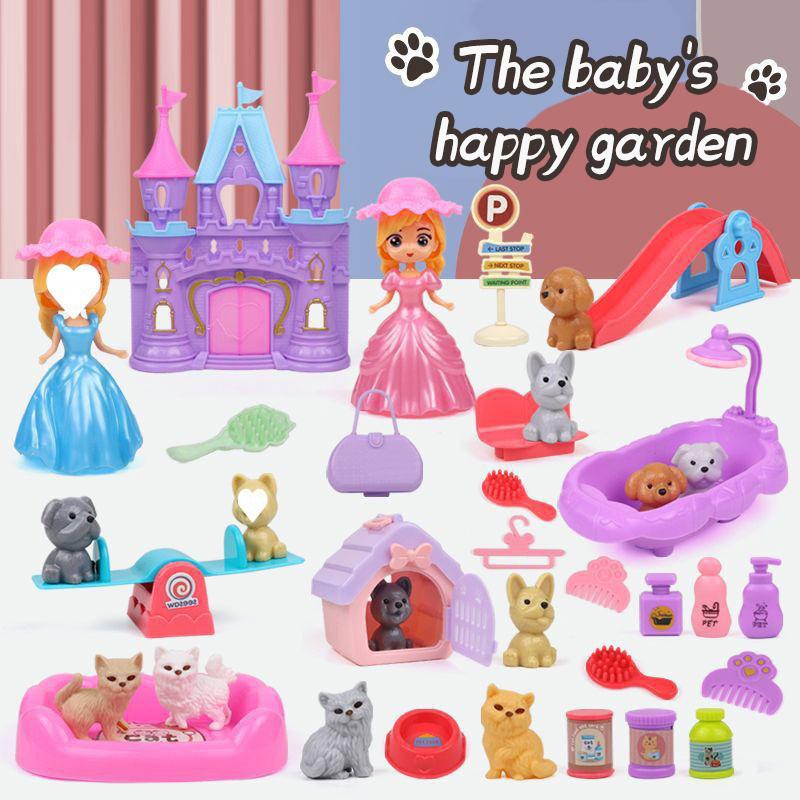 Cute Cat and Dog Pet Basket Family Toys Pretend To Play Toys Dog Doll Set Mini Animal Scene Toys Kids Player Toys