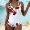 Women Plus Size Scoop Neck Wide Straps Black Green Clover Printed One Piece High Cut Swimsuit