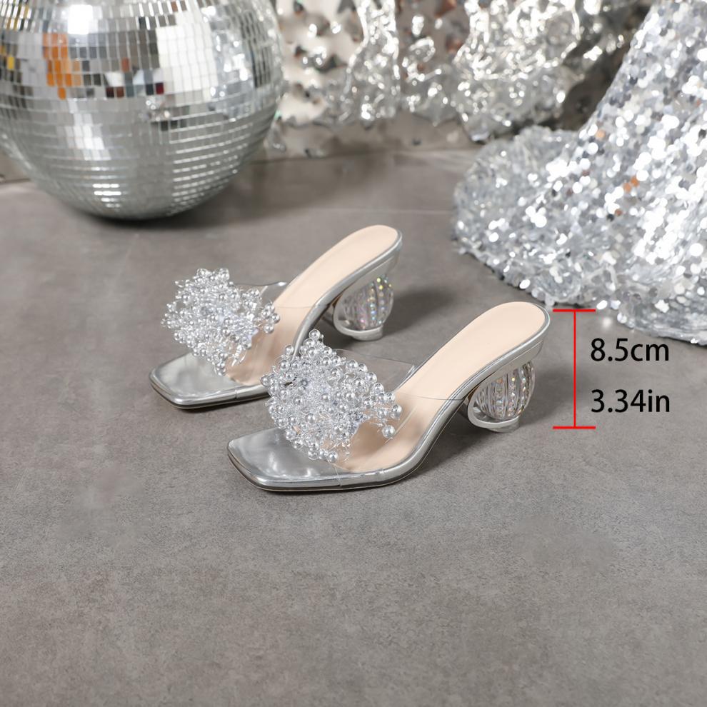 Women's Rhinestone Floral Transparent High Heel Sandals Slip On Summer Wedding Party Shoes