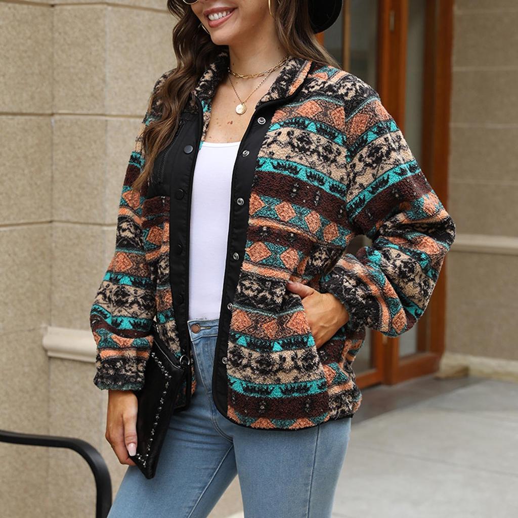 Women's Fashion Casual Temperament Bump Color Printed Plush Long Sleeve Coat