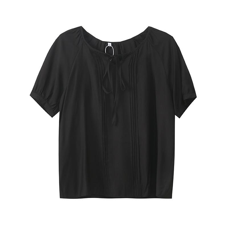 Chiffon Shirt with Wool Lace-up and Slightly Wrinkled Texture Summer New Fat Mm Fresh and Loose Top 222109