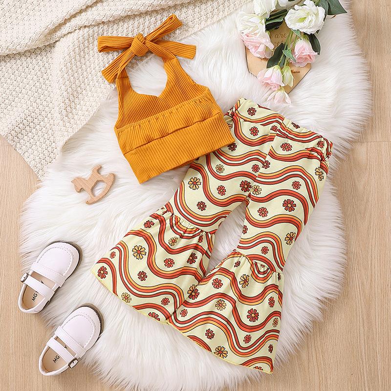 Mädchen Strick-Träger-Rückenfreies Schlauchoberteil + Welle-Blumen-Ausgestellte Lange Hose Herbst Kinderkleidung