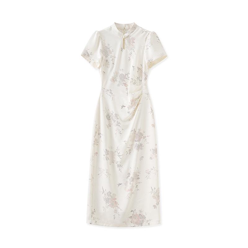 Women's Summer Pearl Frog Button Qipao Dress - New Chinese Style Print with Stand Collar