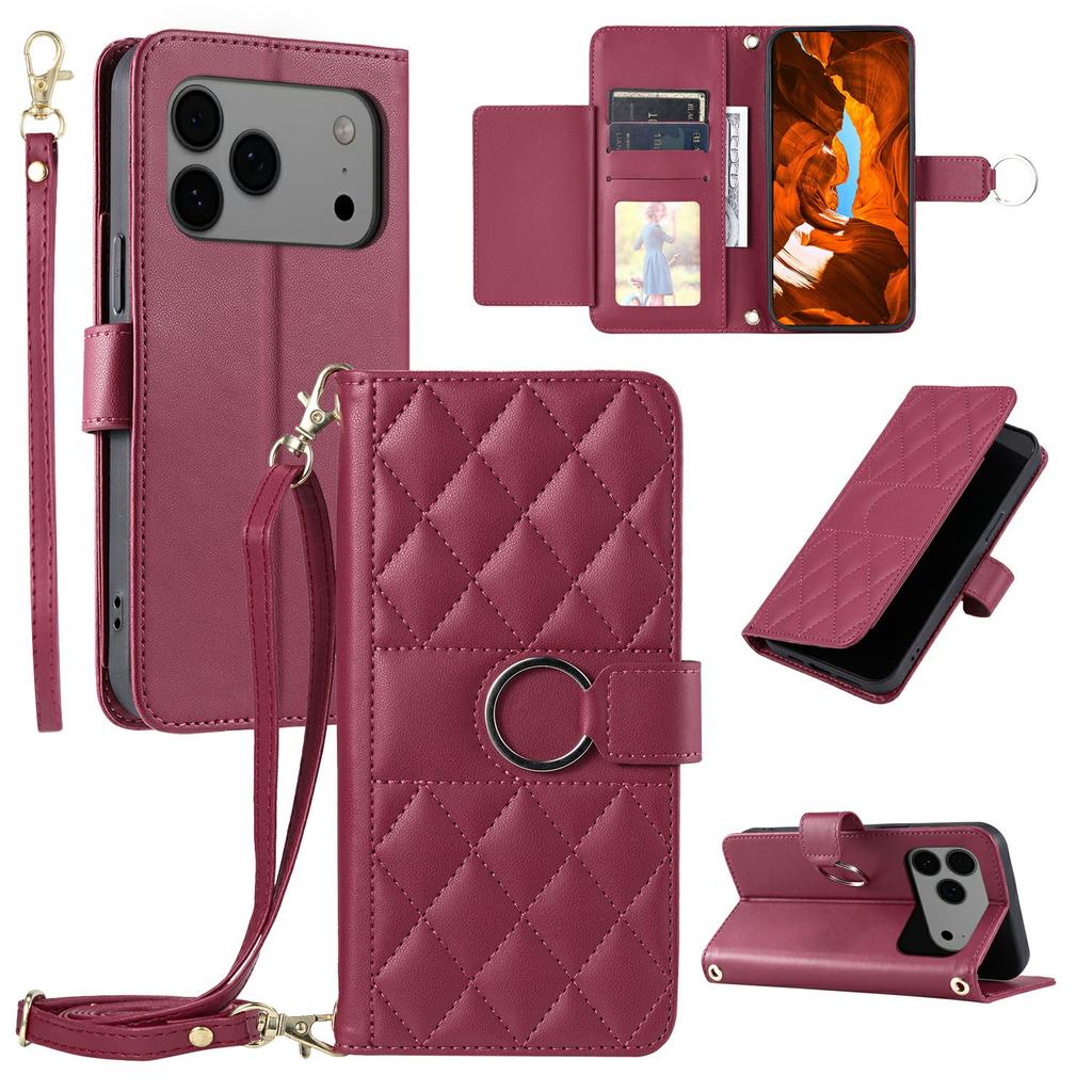 For iPhone 17 Pro Case Ring Buckle Wallet Stand Rhombus Crossbody Leather Mobile Cover