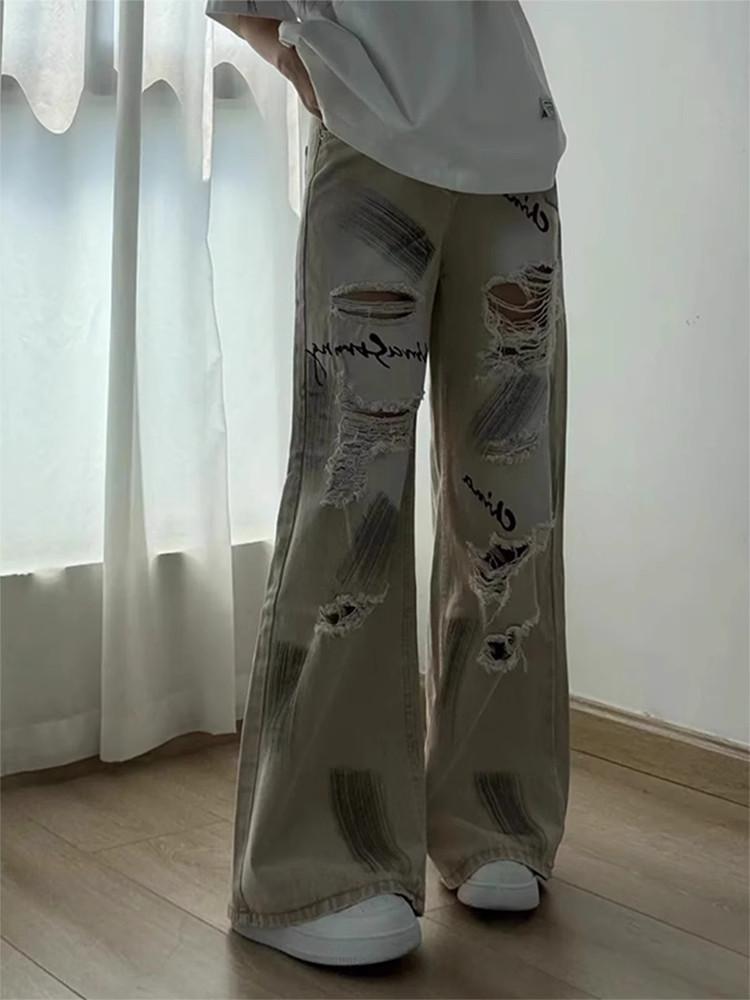 Women s High Waist Wide Leg Retro Apricot Letter Print Ripped Jeans 3XL [73-81 kg]