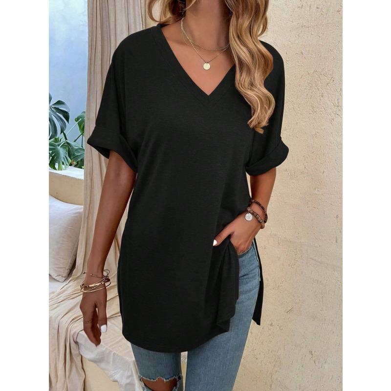QICED Women's Fashion Casual Solid Color Print Short Sleeve V-Neck Blouses & Shirts