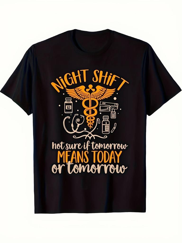 Black Night Shift Graphic T Shirt Funny Medical Nurse Emergency Worker Crew Neck Casual Daily Work A