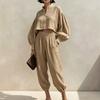 2026 Womens Relaxed Linen Cotton Short Top Elastic Waist Lantern Pants Set Casual Outfit